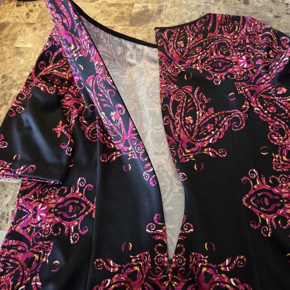 Chico's sz 2 or Large black geo print knee length‎ dress artsy chic boho career